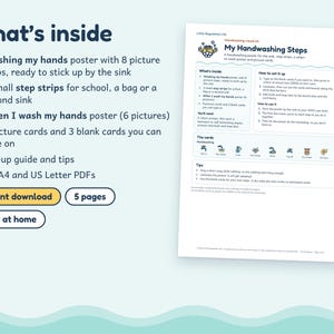 Op de afbeelding: Een digitale visuele set voor handen wassen met een poster met acht stappen, drie stapstroken, een poster met zes afbeeldingen, negen kaartjes en drie lege kaartjes. Inclusief installatiehandleidingen in A4-formaat om thuis te printen.