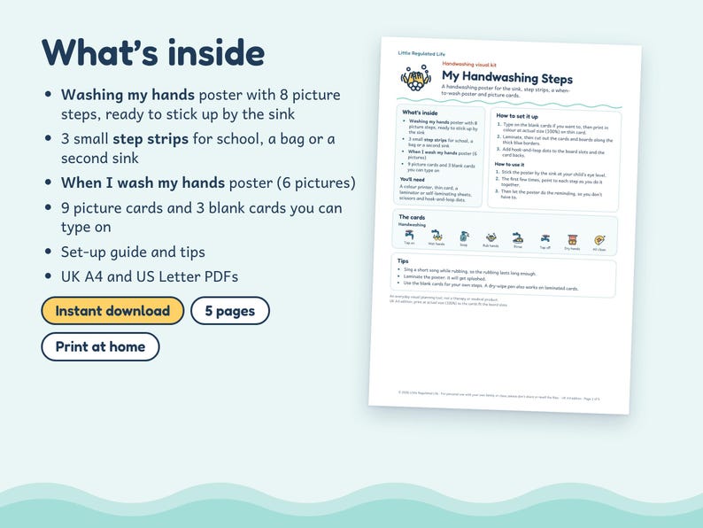 Op de afbeelding: Een digitale visuele set voor handen wassen met een poster met acht stappen, drie stapstroken, een poster met zes afbeeldingen, negen kaartjes en drie lege kaartjes. Inclusief installatiehandleidingen in A4-formaat om thuis te printen.