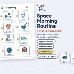 Morgenroutine-Plan für Kinder mit Weltraummotiven, 15 Bildkarten, Belohnungstafel, druckbar für Kinder mit Autismus und ADHS Bild 1