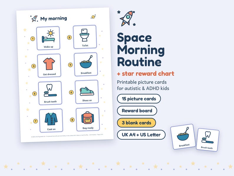Morgenroutine-Plan für Kinder mit Weltraummotiven, 15 Bildkarten, Belohnungstafel, druckbar für Kinder mit Autismus und ADHS Bild 1