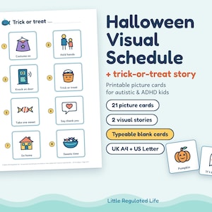 Halloween Visual Schedule, Trick or Treat Story, 21 Picture Cards, Editable Blanks, Autism ADHD image 1