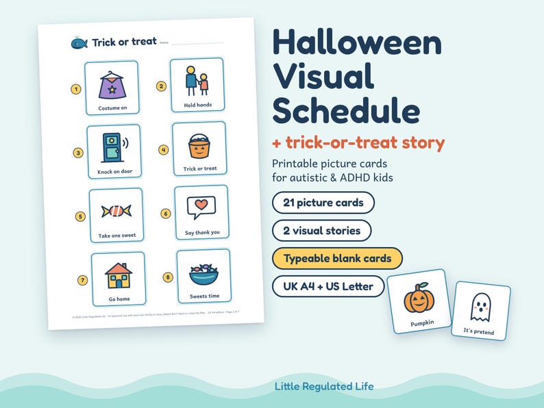 Halloween Visual Schedule, Trick or Treat Story, 21 Picture Cards, Editable Blanks, Autism ADHD image 1
