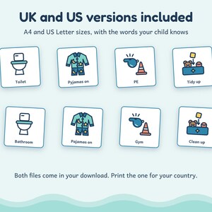 May include: A digital graphic featuring UK and US versions of educational icons. The text reads UK and US versions included, A4 and US Letter sizes, with the words your child knows. Icons depict a toilet, pajamas, a whistle, and a toy box.