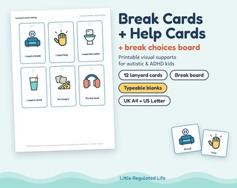 Break Cards and Help Cards, Autism ADHD Lanyard Communication Cards, Printable Visual Aid