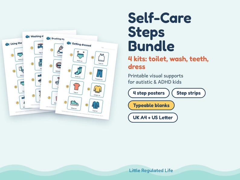 Self Care Visual Schedule Bundle, 4 Kits, Autism ADHD Toilet, Handwashing, Tooth Brushing, Dressing afbeelding 1
