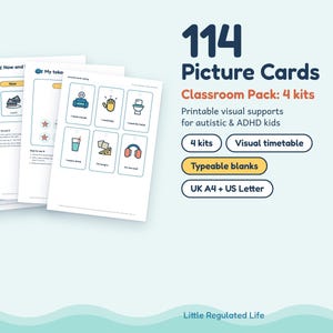 May include: A set of 114 printable picture cards for classroom use, featuring visual supports for autistic and ADHD children. The pack includes 4 kits, visual timetables, and typeable blanks in UK A4 and US Letter formats with colorful icons.