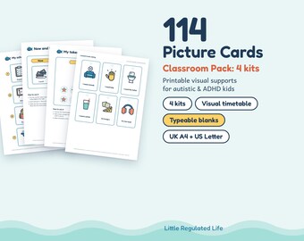 114 bildkort, paket med visuella klassrumsmaterial, visuellt schema för autism och ADHD, nu och härnäst, utskrivbart