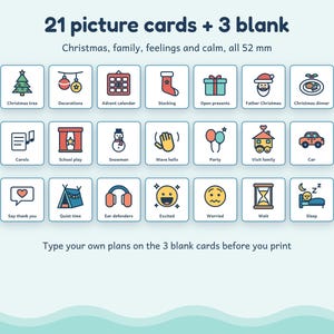 May include: A set of 21 illustrated picture cards and 3 blank cards, each measuring 52 mm. The cards feature colorful icons representing Christmas themes, family activities, feelings, and calm, with text labels below each graphic icon.