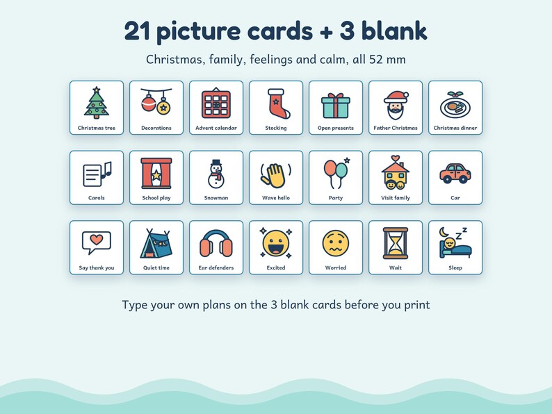 May include: A set of 21 illustrated picture cards and 3 blank cards, each measuring 52 mm. The cards feature colorful icons representing Christmas themes, family activities, feelings, and calm, with text labels below each graphic icon.