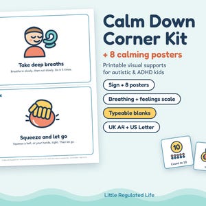 Lugnhörnskit, 8 lugnande posters, känslodiagram, redigerbara tomma fläckar, utskrivbar autism ADHD