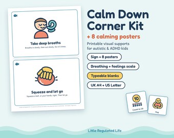 Calm Down Corner Kit, Autism ADHD Calming Posters, Feelings Chart, Breathing Poster, Printable