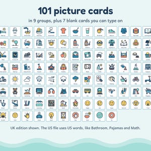 May include: A collection of 101 picture cards organized in nine groups, featuring colorful icons for daily activities, emotions, and objects. The set includes seven blank cards for customization. Text at the top reads 101 picture cards, and at the bottom, it notes the US file uses US words.