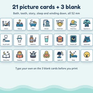 May include: A set of 21 square picture cards and 3 blank cards, each measuring 52 mm. The cards feature colorful icons representing daily routines like bath, teeth, story, sleep, and winding down, with text labels below each icon.