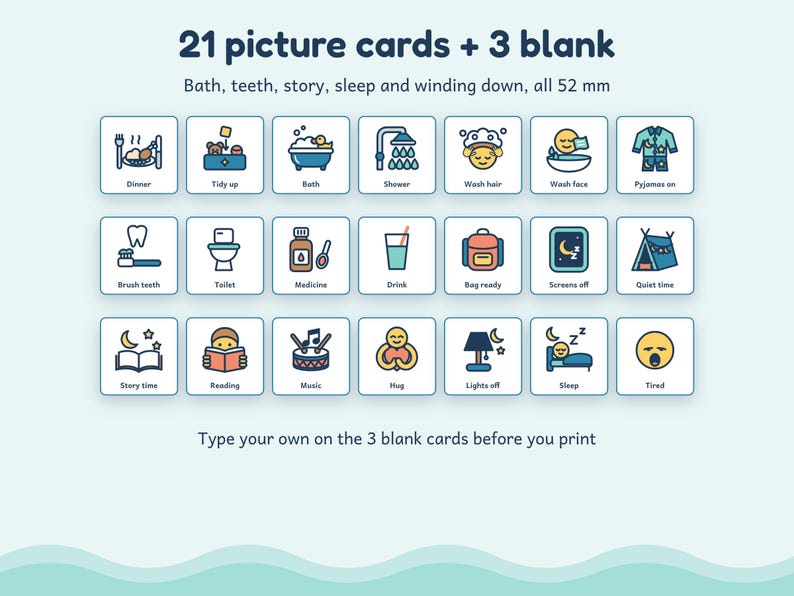 May include: A set of 21 square picture cards and 3 blank cards, each measuring 52 mm. The cards feature colorful icons representing daily routines like bath, teeth, story, sleep, and winding down, with text labels below each icon.