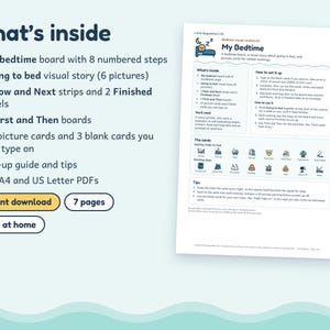 May include: A digital printable bedtime routine kit featuring a visual board with 8 numbered steps, a 6-picture visual story, 2 Now and Next strips, 2 First and Then boards, 21 picture cards, 3 blank cards, and a set-up guide in US Letter PDF format.