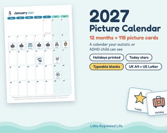 2027 Picture Calendar for Kids, 118 Picture Cards, Autism ADHD Visual Schedule, Monthly Printable
