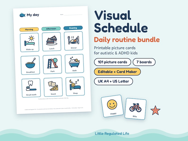 May include: A visual schedule daily routine bundle featuring a printable chart with icons for wake up, breakfast, brush teeth, lunch, park, snack, dinner, bath, and sleep. Includes 101 picture cards, 7 boards, an editable card maker, and US Letter format.