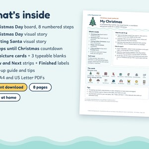 May include: A digital Christmas visual routine kit featuring a board with 8 numbered steps, visual stories for Christmas Day and Visiting Santa, a countdown, 21 picture cards, 3 typeable blanks, Now and Next strips, Finished labels, and a guide.