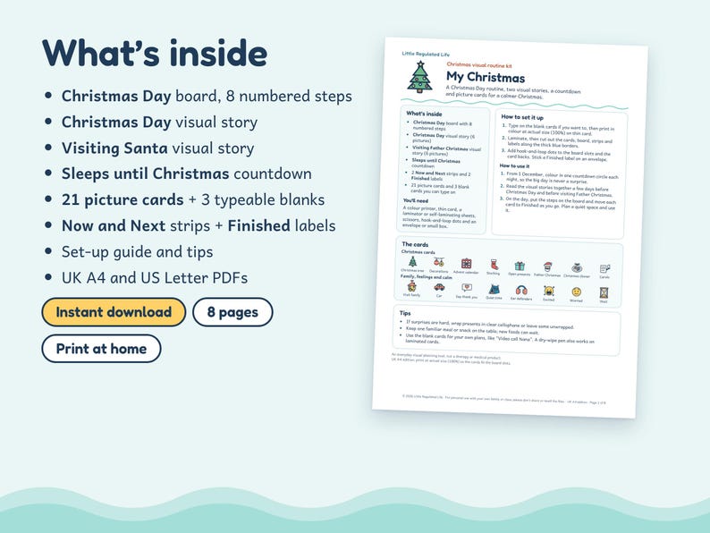 May include: A digital Christmas visual routine kit featuring a board with 8 numbered steps, visual stories for Christmas Day and Visiting Santa, a countdown, 21 picture cards, 3 typeable blanks, Now and Next strips, Finished labels, and a guide.