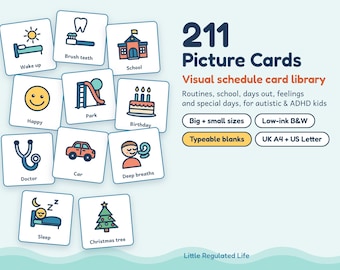 211 Visual Schedule Picture Cards, Autism ADHD Visual Aids, Low Ink, Editable Blanks, Printable