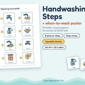 Op de afbeelding: Een printbare poster met stappen voor het handenwassen, voorzien van acht genummerde iconen met tekstlabels zoals Tap on, Wet hands, Soap, Rub hands, Rinse, Tap off, Dry hands en All clean, inclusief extra stapstroken en invulbare velden.