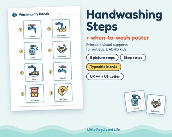 Handwashing Steps Visual, Autism ADHD Hand Washing Poster for Kids, Printable Sequence