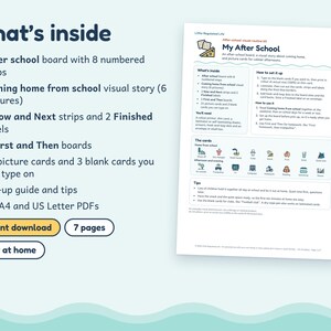 May include: A digital after-school visual routine kit featuring an after-school board with 8 numbered steps, a 6-picture visual story, 2 Now and Next strips, 2 Finished labels, 2 First and Then boards, 21 picture cards, and 3 blank cards.