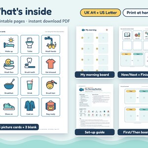 K&ouml;nnte beinhalten: Ein Set aus 5 druckbaren PDF-Seiten mit visuellen Routine-Diagrammen und Bildkarten. Enth&auml;lt ein Morgen-Board, Jetzt/N&auml;chstes/Erledigt-Diagramme, Zuerst/Dann-Boards und eine Einrichtungsanleitung. Die Karten zeigen t&auml;gliche Aufgaben wie Aufwachen, H&auml;ndewaschen und Anziehen mit farbigen Symbolen.