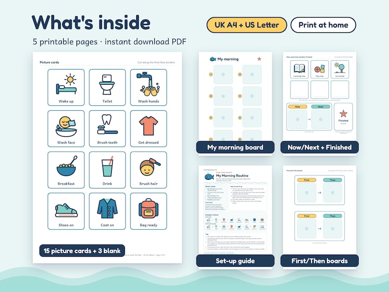 K&ouml;nnte beinhalten: Ein Set aus 5 druckbaren PDF-Seiten mit visuellen Routine-Diagrammen und Bildkarten. Enth&auml;lt ein Morgen-Board, Jetzt/N&auml;chstes/Erledigt-Diagramme, Zuerst/Dann-Boards und eine Einrichtungsanleitung. Die Karten zeigen t&auml;gliche Aufgaben wie Aufwachen, H&auml;ndewaschen und Anziehen mit farbigen Symbolen.