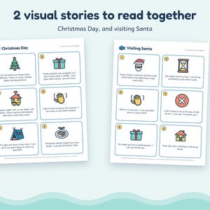 May include: Two educational activity sheets titled 2 visual stories to read together, Christmas Day, and visiting Santa. Each page features six numbered boxes with colorful icons and text explaining social scenarios for the holidays.