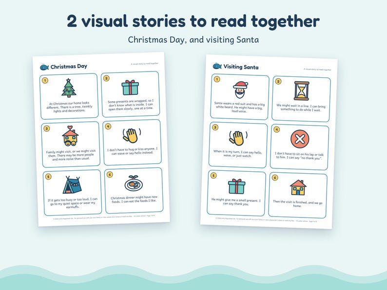 May include: Two educational activity sheets titled 2 visual stories to read together, Christmas Day, and visiting Santa. Each page features six numbered boxes with colorful icons and text explaining social scenarios for the holidays.