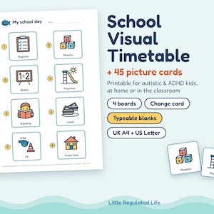 School Visual Timetable for Kids, 45 Picture Cards, Editable Blanks, Autism ADHD SEN Printable image 1