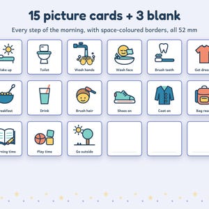 Morgenroutine-Plan für Kinder mit Weltraummotiven, 15 Bildkarten, Belohnungstafel, druckbar für Kinder mit Autismus und ADHS Bild 2