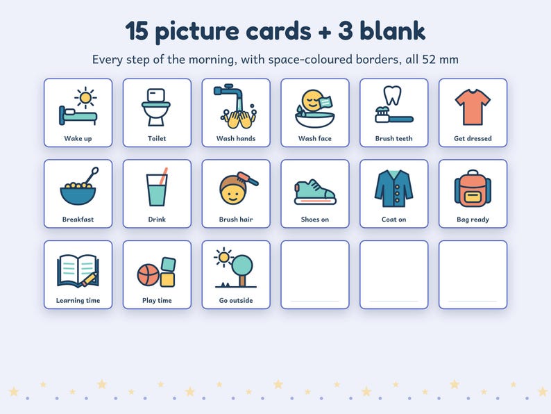 Morgenroutine-Plan für Kinder mit Weltraummotiven, 15 Bildkarten, Belohnungstafel, druckbar für Kinder mit Autismus und ADHS Bild 2