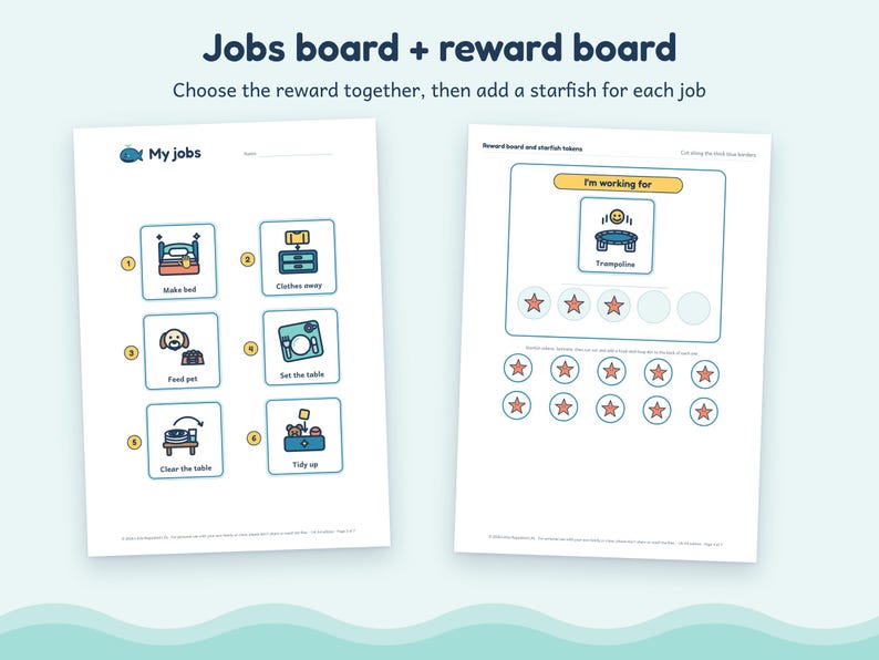 May include: A printable jobs board and reward board set featuring the text Jobs board + reward board. The jobs sheet includes six numbered task icons with labels like Make bed and Feed pet. The reward sheet features a space for a goal and starfish tokens.