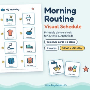 K&ouml;nnte beinhalten: Ein druckbarer visueller Morgenroutine-Plan mit nummerierten Symbolen f&uuml;r t&auml;gliche Aufgaben wie Aufwachen, Toilette, Anziehen, Fr&uuml;hst&uuml;ck, Z&auml;hneputzen, Schuhe anziehen, Mantel anziehen und Tasche packen sowie Karten f&uuml;r H&auml;ndewaschen und Spielzeit.
