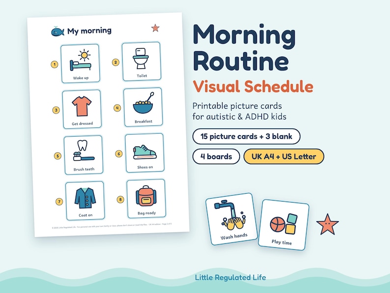 K&ouml;nnte beinhalten: Ein druckbarer visueller Morgenroutine-Plan mit nummerierten Symbolen f&uuml;r t&auml;gliche Aufgaben wie Aufwachen, Toilette, Anziehen, Fr&uuml;hst&uuml;ck, Z&auml;hneputzen, Schuhe anziehen, Mantel anziehen und Tasche packen sowie Karten f&uuml;r H&auml;ndewaschen und Spielzeit.