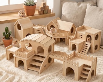 Maison pour hamster cachette en bois jouet à grimper accessoire de cage à deux niveaux pour hamsters nains