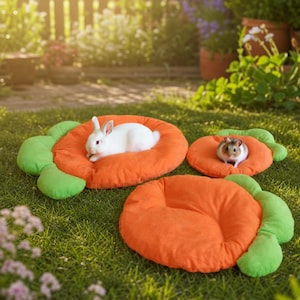 May include: Three plush pet beds shaped like orange carrots with green leafy tops. One bed is large with a white rabbit resting on it, one is medium-sized with a hamster sitting on it, and one is empty, showing the soft orange fabric texture.