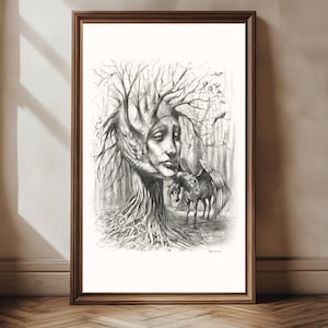 Maculosa Baum Frau Kunstdruck, Surreale Bleistiftzeichnung Wanddekoration, Mythisches ungerahmtes Poster, Geschenk für Naturliebhaber, Geschenk für Kunstliebhaber