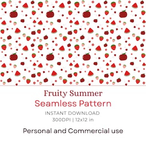Puede incluir: Un patrón sin costuras con fresas rojas, rodajas de sandía y manzanas sobre un fondo blanco. El diseño incluye pequeñas flores rojas y hojas verdes. El texto "Fruity Summer Seamless Pattern" se muestra debajo.