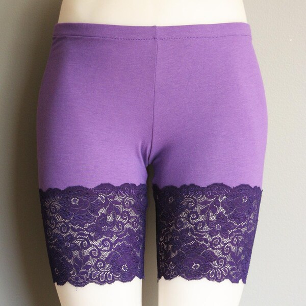 Lace Shorts, Purple Bamboo Bike Shorts with Wide Lace Trim