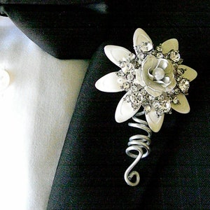 Metal Flower, Boutonniere, Handmade, Rose, Pearl, Rhinestones, Lisa Maureen, Mixed Media Art