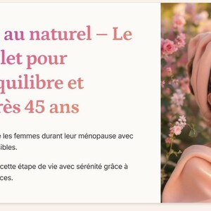 Peut inclure: Une femme avec une serviette autour de la tête et une robe pêche, les yeux fermés, souriante. L'image est placée devant un fond de fleurs roses. Le texte de l'image se lit comme suit : "Ménopause au naturel - Le guide complet pour retrouver équilibre et sérénité après 45 ans."