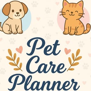Può includere: Su uno sfondo beige chiaro con impronte di zampe e cuori, il titolo "Pet Care Planner". L'immagine presenta illustrazioni di un cucciolo, un gatto, un coniglio e un uccello, ciascuno all'interno di un cerchio colorato.