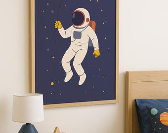 Stampa di astronauta con palloncino di Saturno, decorazione spaziale per cameretta (download digitale)