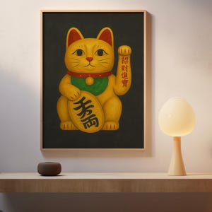 Maneki Neko Lucky Cat Wall Art – Japanese Fortune Cat Poster, Feng Shui Good Luck Decor, Contemporary Decor, Asian Inspired Digital Print