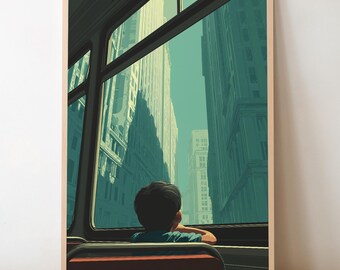 Retro Cityscape Print – Boy on Bus, Minimalist Travel Artwork (Digital Download)