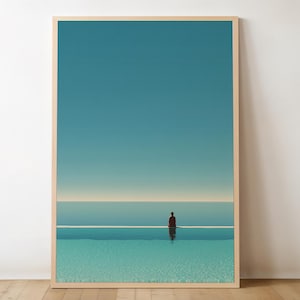 May include: A framed art print featuring a minimalist landscape. The artwork depicts a person standing at the edge of a turquoise pool, with the ocean and sky in the background. The color palette includes shades of blue and beige.
