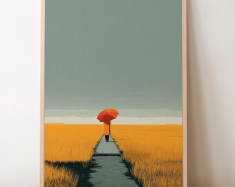 Red Umbrella Wall Art – Minimalist Field Poster, Surreal Landscape Print, Modern Abstract Artwork for Cozy Home Decor